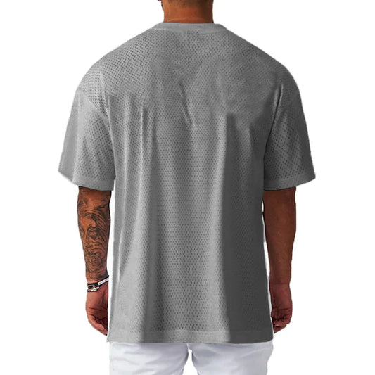 Camiseta masculina casual esportiva solta oversized para academia, musculação, fitness, manga curta, verão, malha, secagem rápida, respirável