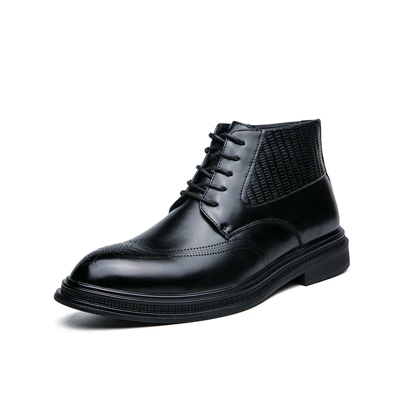 Men Pu Leather High Top Boots With Side Zipper Block Carving Design Business Casual And Handmade Ankle Boots
