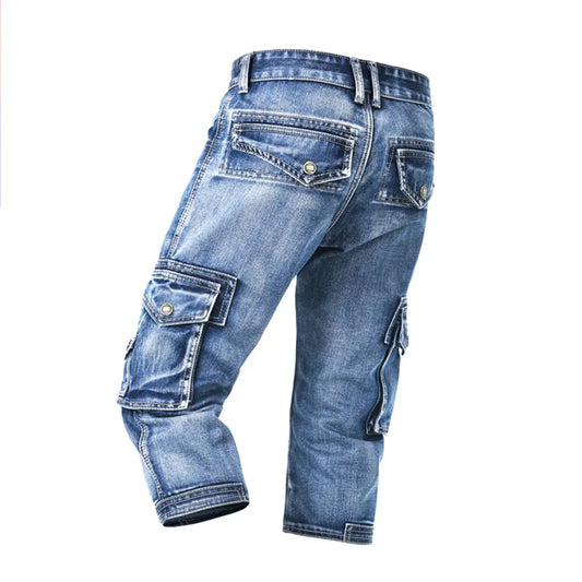2025 New Summer thin stretch multi pocket workwear, slim fit denim shorts, cropped pants, casual jeans for men