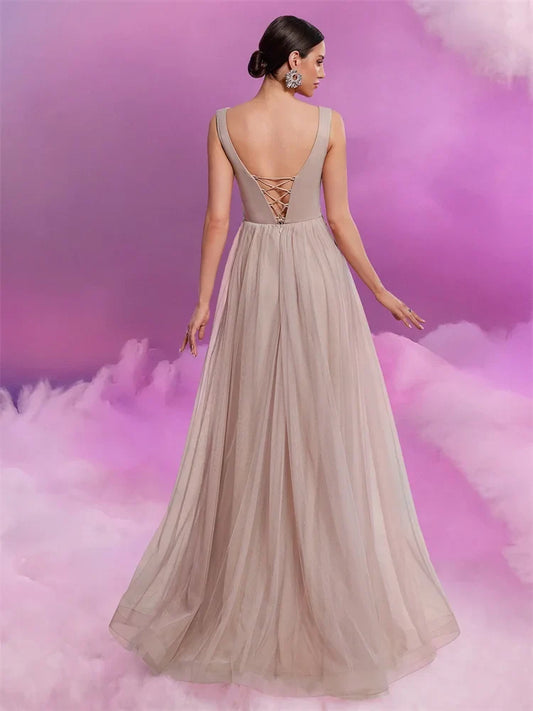 Luxury Applique Sequins V-neck Evening Dresses Elegant Tulle Sleeveless Formal Wedding Party A-line Cocktail Gowns