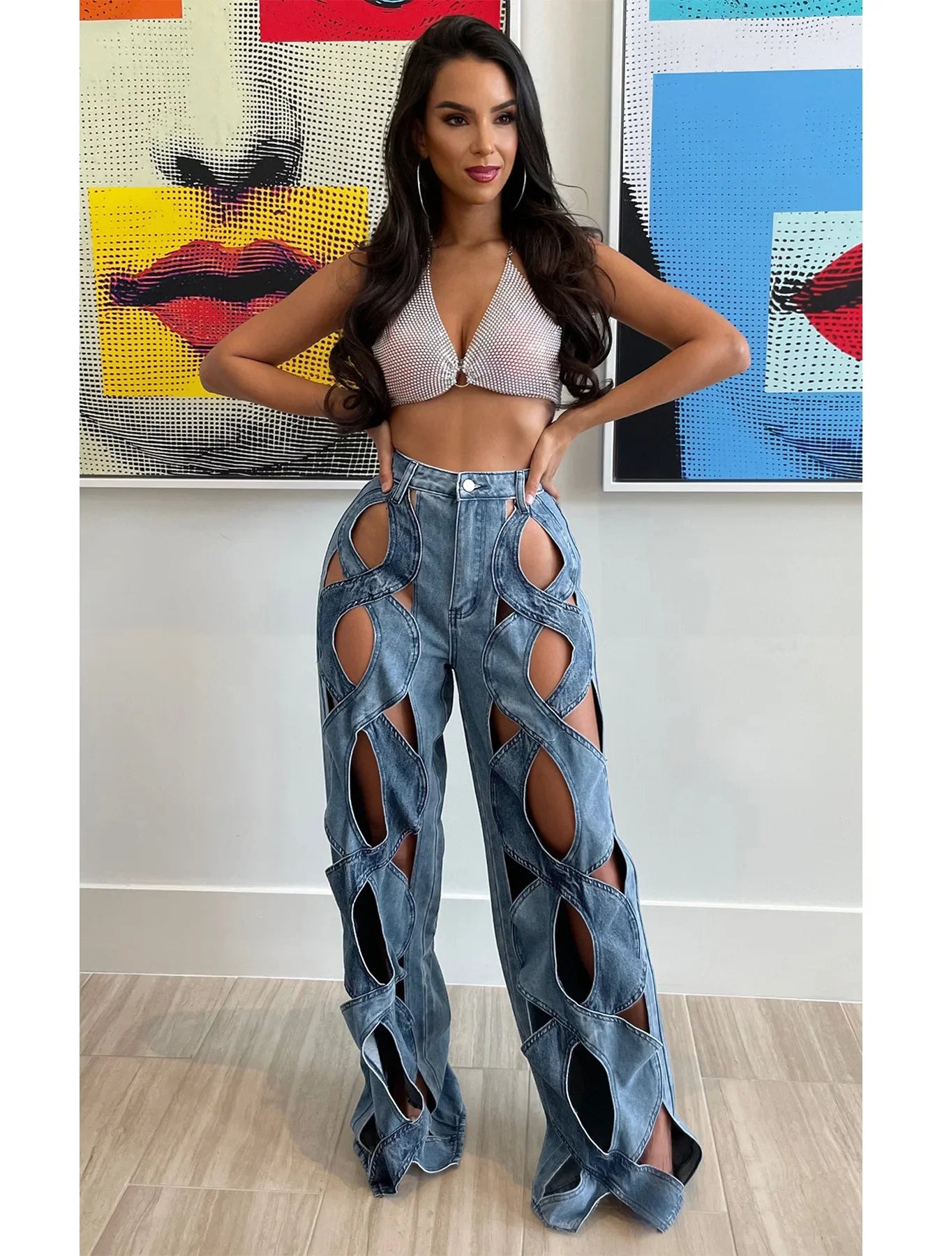 Women Vintage Cutout Hollow Out Criss Cross Straight Denim Pants 2024 Fashion INS High Waist Wide Leg Jeans Trousers