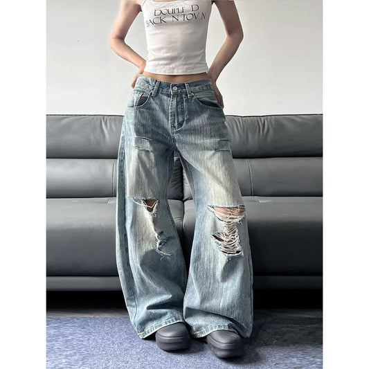 2025 Summer High Waist Ripped Women's Blue Jeans American Vintage Streetwear Y2K Wide Leg Jean 2000s Trouser Baggy Denim Pants