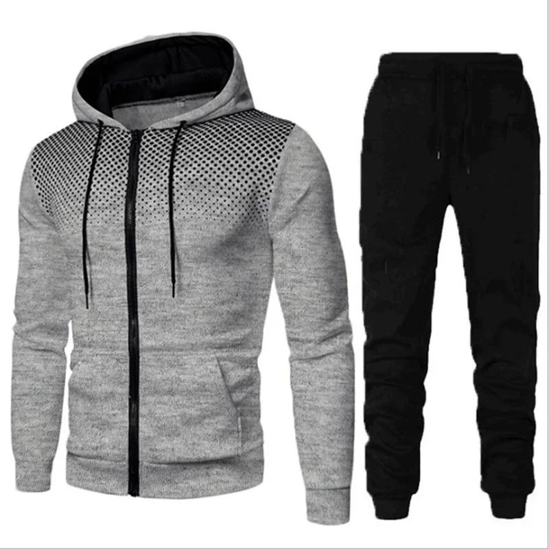 2025 New Men's Sports Set Spring and Autumn Outdoor Running Clothing Dot Print Zipper Hoodie Sports Pants Two Piece Set