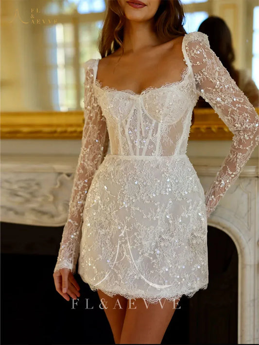 Short Beading Wedding Dress Customized Long Sleeve Evening Gown Mini Skirt Backless Formal Party Dresses