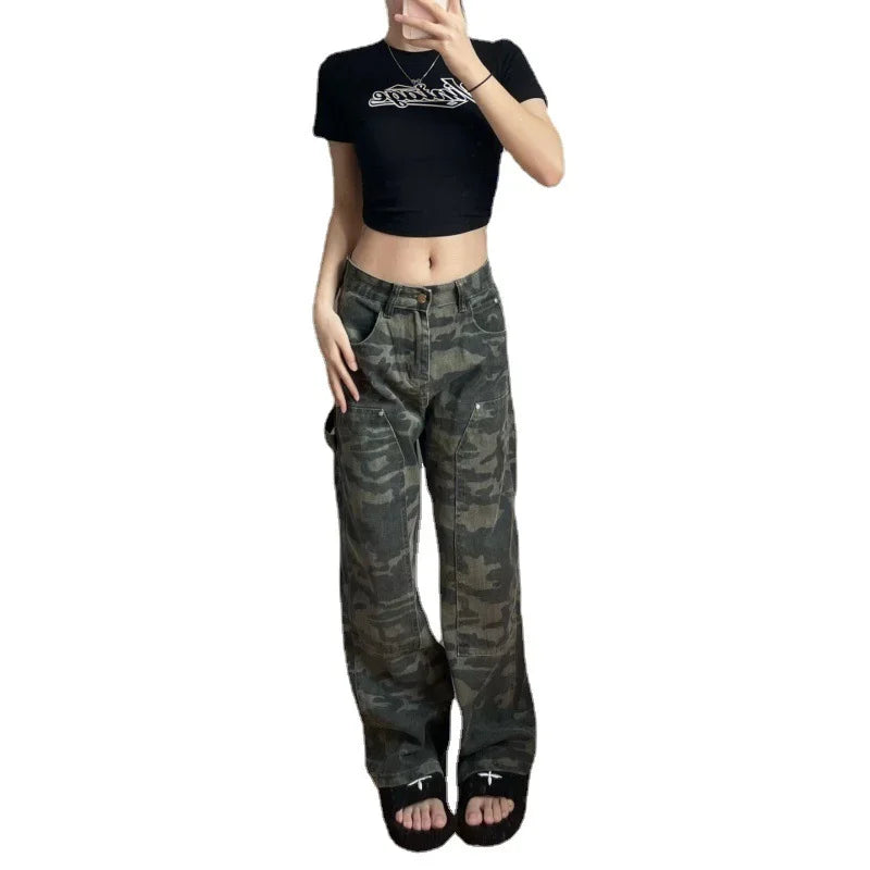 Calça Jeans Feminina Camuflada Vintage Outono Primavera