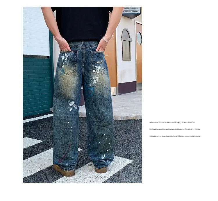 New street graffiti ripped painted jeans for men, straight-leg, loose, wide-leg, trendy brand, stylish high-end
