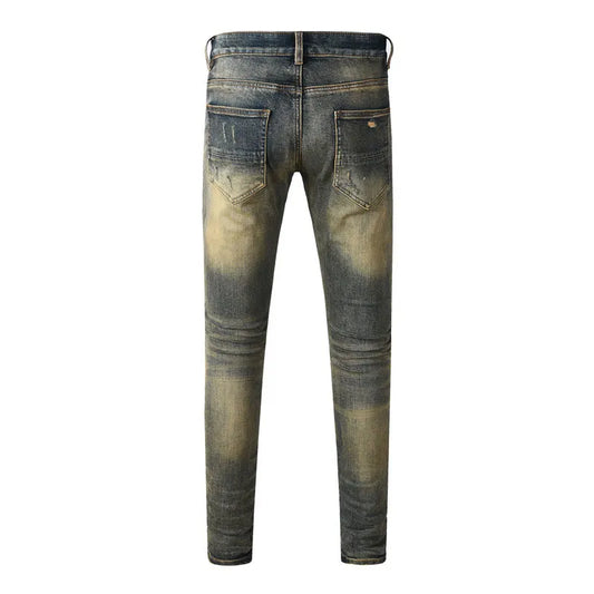 Y2k new men's jeans washed nostalgic perforated black leather patch deep blue jeans high street designer hip-hop brand high-qual