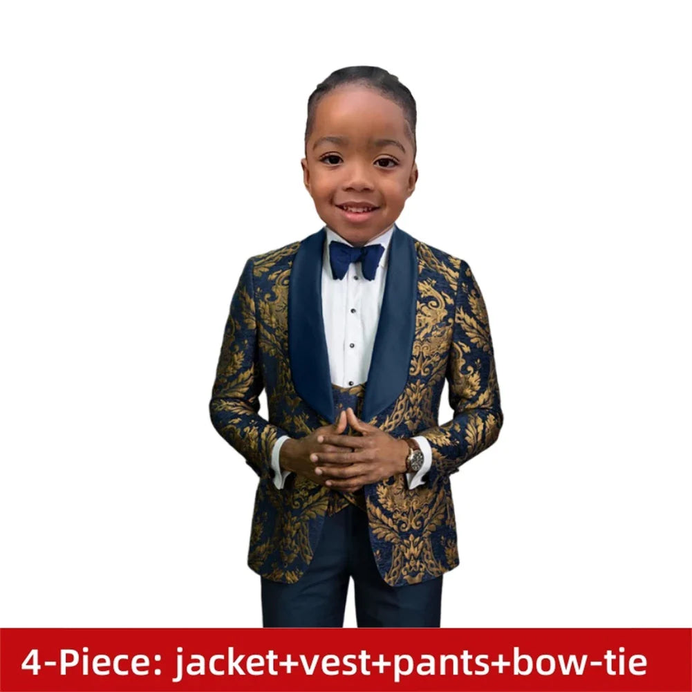 Fast Ship New Year Celebration Blue Gold Pattern Boys Suit Luxurious Ornate Boys Suit FormalKids Tuxedo Set Blazer Vest Pants