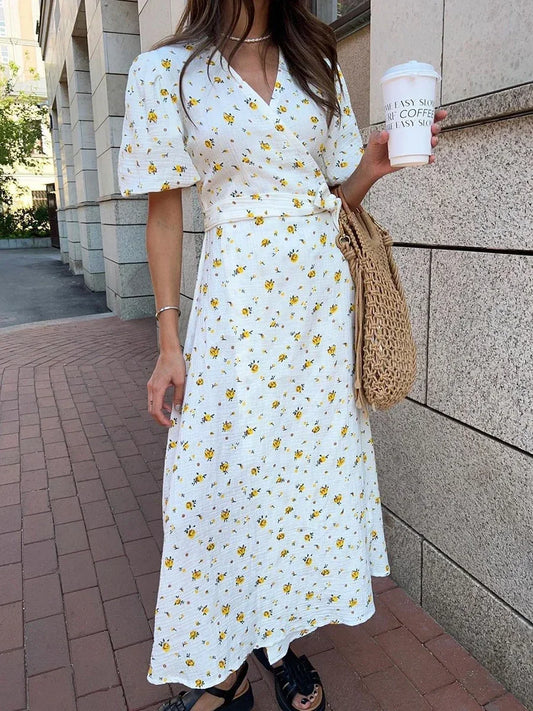 Summer Women Psrinted Dress Lace Up Short Sleeve Fashion Office Lady Long Dress 100% Cotton Daily Casual V-neck Skirt