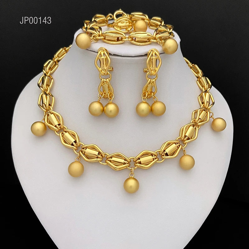 Dubai Nigeria Jewelry Set For Women Classic Design Beads Necklace Earrings Ring Bracelet 18K Gold Plated 4Pcs Set Jewelry