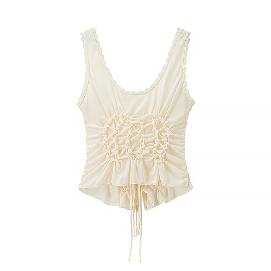 Women Fashion Solid Pleated Lace Up Slim Fitting Camis Vintage Straps V-Neck Female Chic Lady Tank Tops