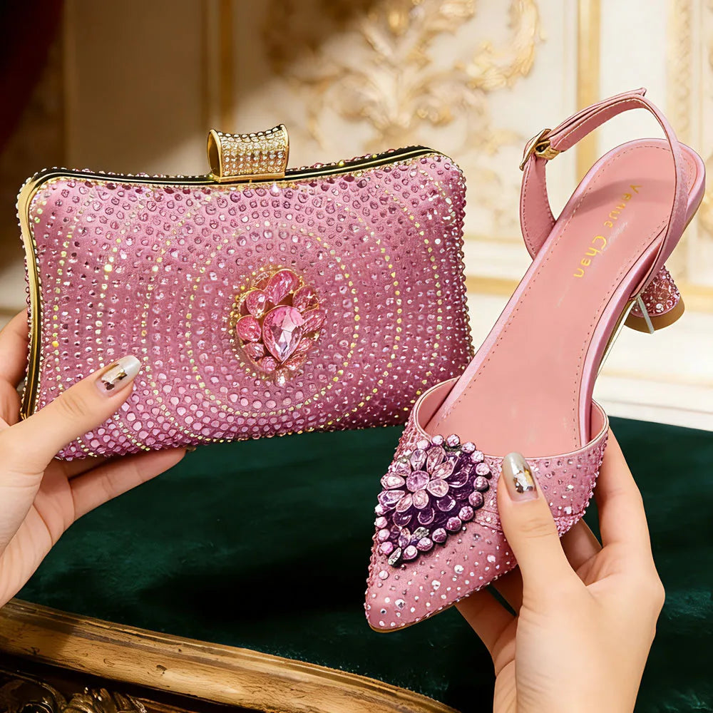 Elegant Green Rhinestone High Heels & Bag Set - Trendy African Ladies' Fashion - Latest INS Style Design