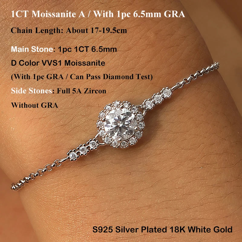 Round Shape 0.5/1CT D Color Moissanite Diamond Link Bracelet for Woman 925 Silver Plated 18k Adjustable Chain Bracelets