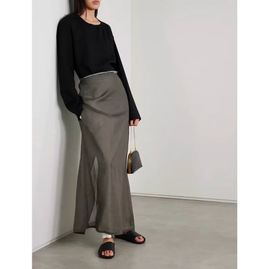 Quiet Luxury Cotton Lightweight Double-layer Rolled Waist Contrasting Slit Skirt