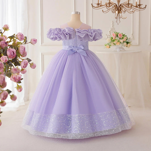 Summer Flower Bridesmaids Party Girls Dress Elegant Sequin Tulle Wedding Princess Prom Dresses for Girl Birthday Evening Costume