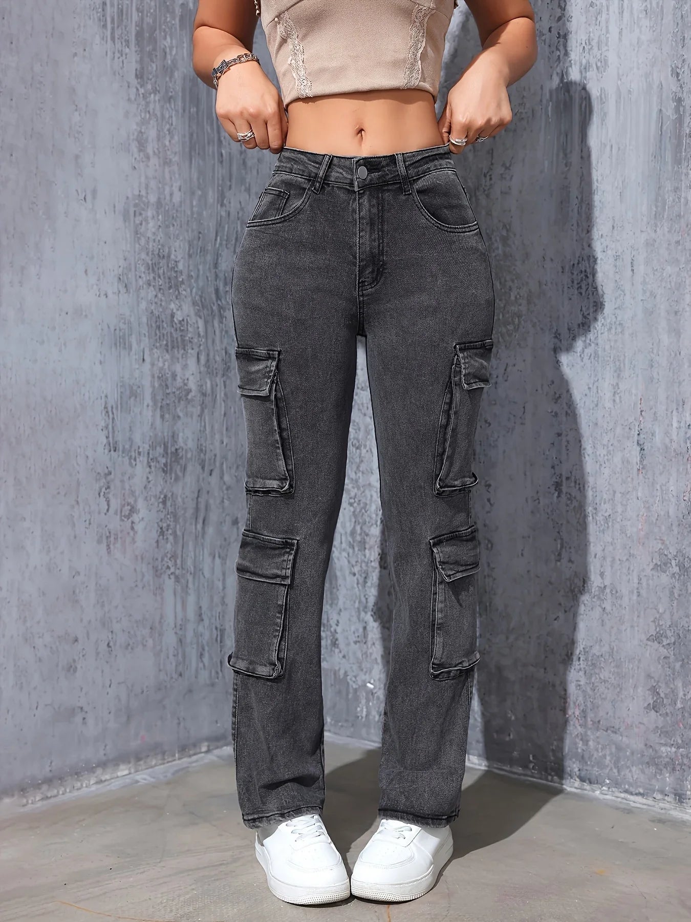 Women's work pants straight leg jeans with multiple pockets, super elastic straight leg casual retro high waisted comfortable st