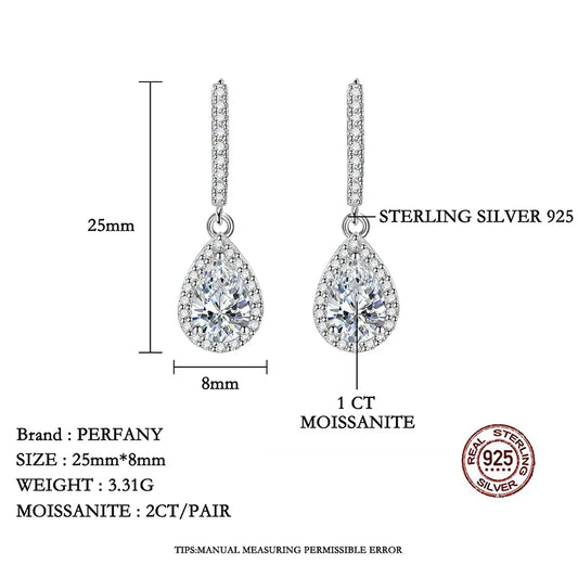 1CT Pear Cut Moissanite Earrings for Women S925 Pure Silver Laboratory Cultivated Diamonds Elegant Wedding Jewelry