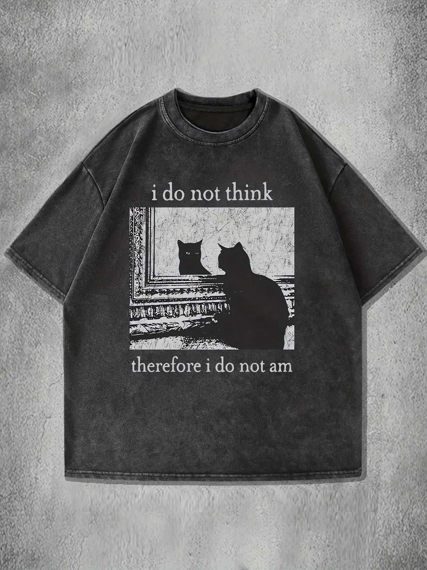 Unisex Washed Cotton Casual Loose Fit Graphic T-Shirt "I Do Not for THINK Therefore I Do Not Am" Cat Print Summer Short Sleeve