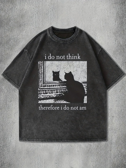 Camiseta Unissex de Algodão Lavado Casual com Estampa Solta "I Do Not for THINK Therefore I Do Not Am" Gato Manga Curta Verão