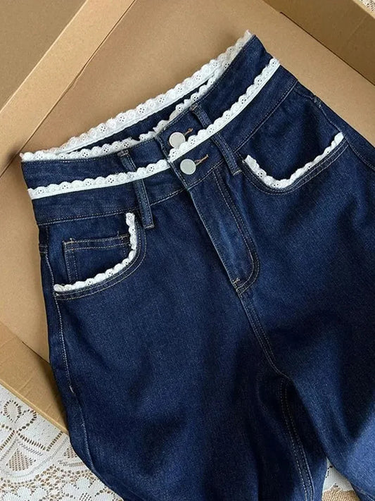 Casual Straight Jeans Streetwear Vintage Blue Lace Spliced Jeans