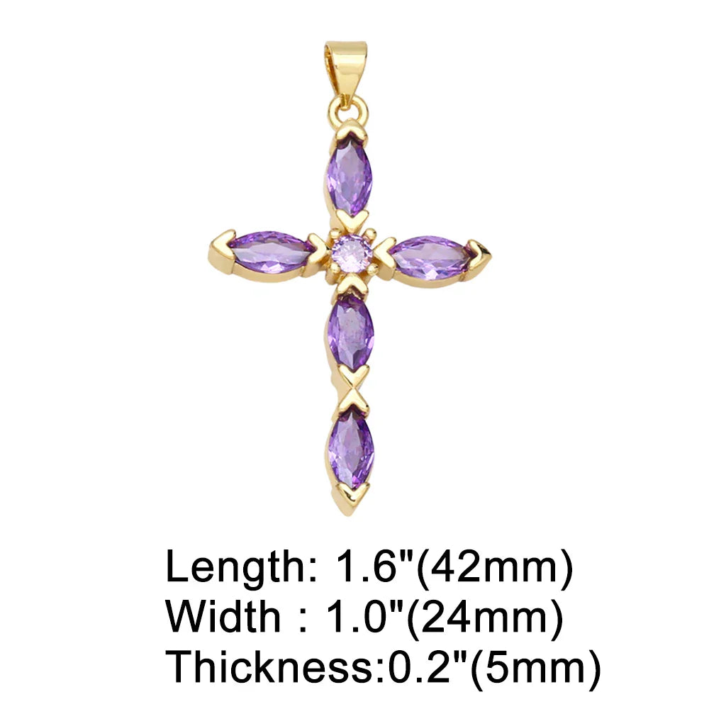 Big Rainbow Colorful Cross Pendants for Necklace Gold Plated Copper Zircon Religious Jewelry Components pdta638