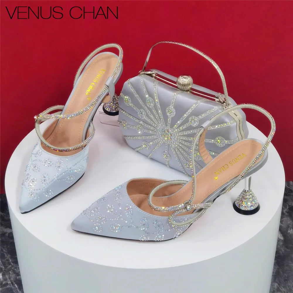 2025 Summer New Design Specials Italian Women Shoes and Bag Set Wine Color Comfortable High Heels With Rhinestone