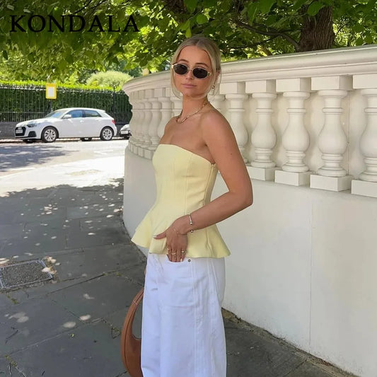 2026 Spring Summer Butter Yellow Sexy Women Tops Fashion Solid Strapless Short Tops Chic Streetwear Ladies Tops
