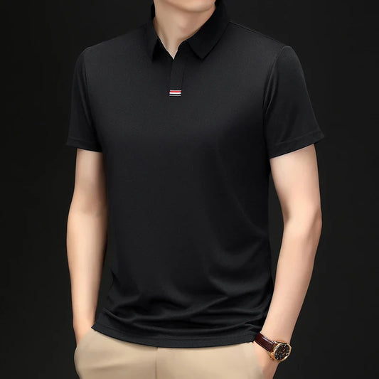 High quality brand solid color V-neck short sleeve polo shirt men summer fashion simple casual ice silk breathable lapel T-shirt