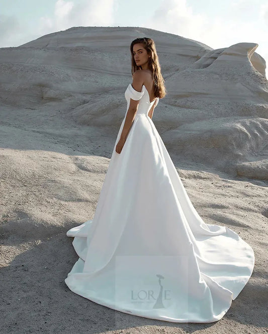 Soft Satin A Line Wedding Dresses Sleeveless Off The Shoulder Bridal Gowns Long Train Wedding Party Gowns Customized