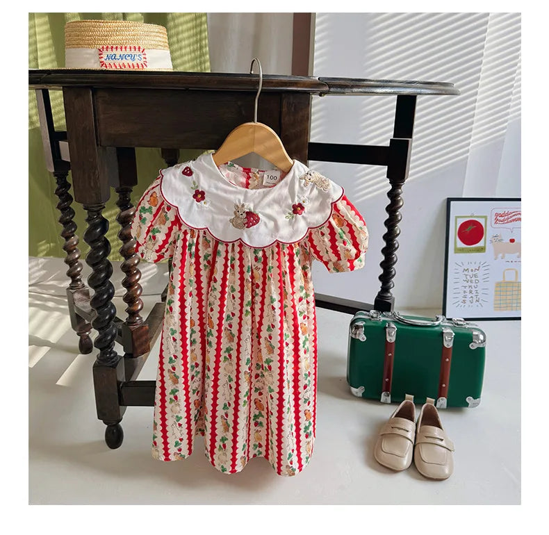 Kid Girl Adorable Short Sleeve Dress Red White Vertical Stripes Bunny Strawberry Print Peter Pan Collar Skirt for Children