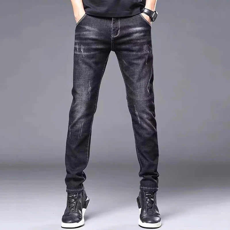 Calça Jeans Masculina Casual Elegante Clássica para Negócios Quatro Estações Preta Azul Calças de Cintura Média Leggings de Tecido Jeans Masculino