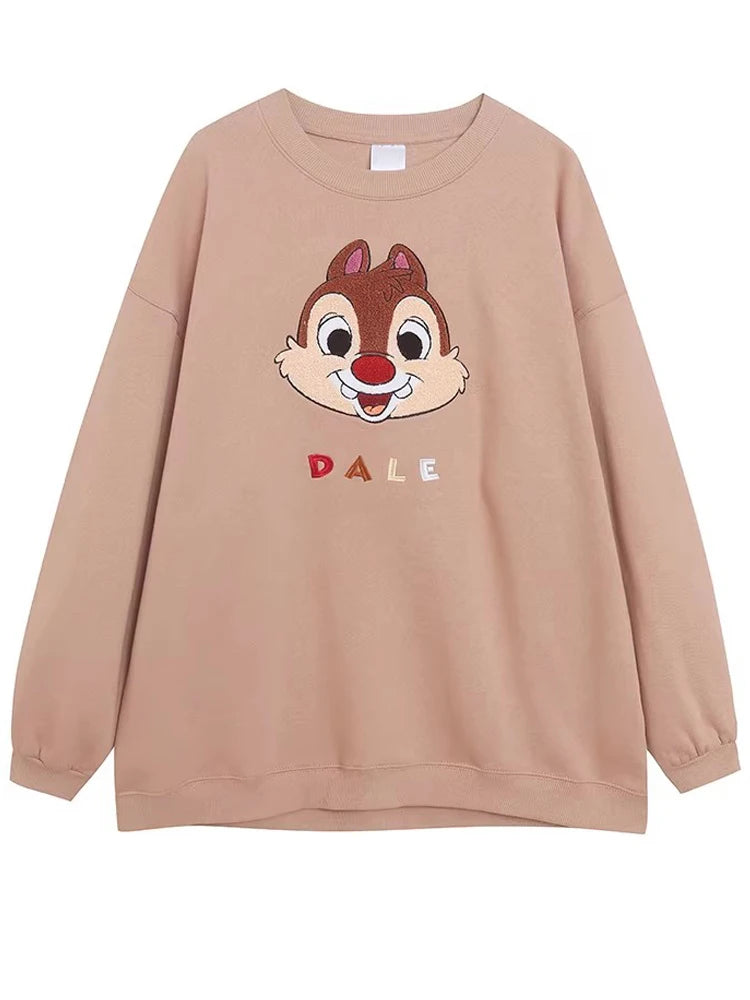 Mouse Chip An' Dale Cartoon Print Embroidery Fleece Sweatshirt New Women O-Neck Pullover Jumper Tops