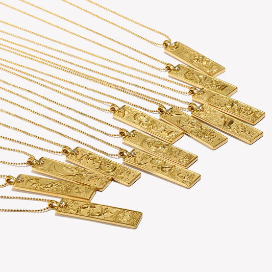 18k Gold Plated Rectangle Shape 12 Constellation Pendant Necklace Stainless Steel Waterproof Fashion Women's Jewelry