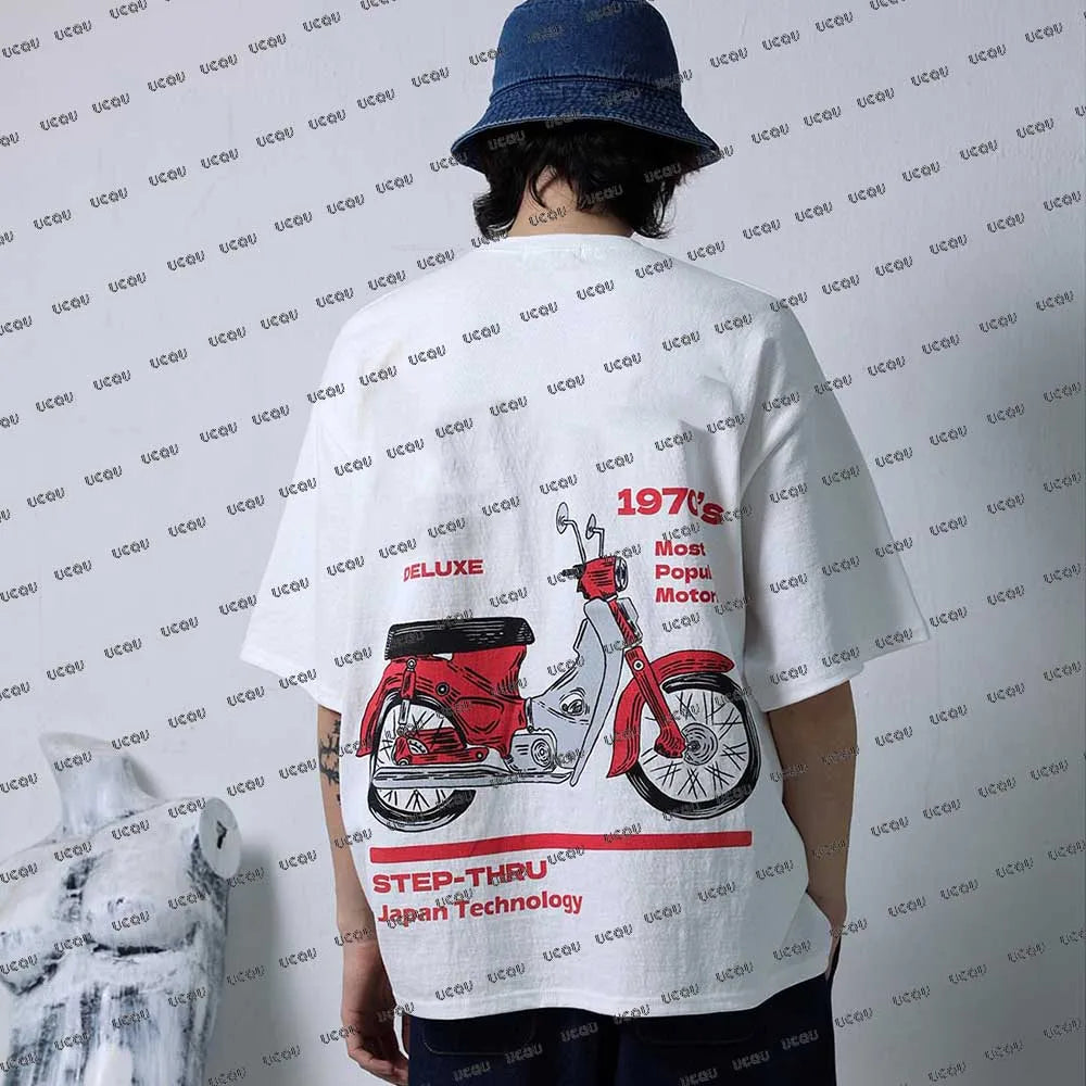 Trendy Motorcycle Letter Print Men's Tshirts Casual O-Neck Short-sleeved T-shirt Street Retro Tops Man Loose Sports Tshirts