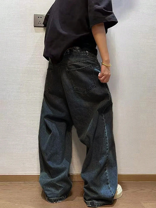 1Pc Men's Wide Pants Brushed Jeans Wide Jeans Y2K New Rocks Jeans Buggy Black Hip-Hop Pants