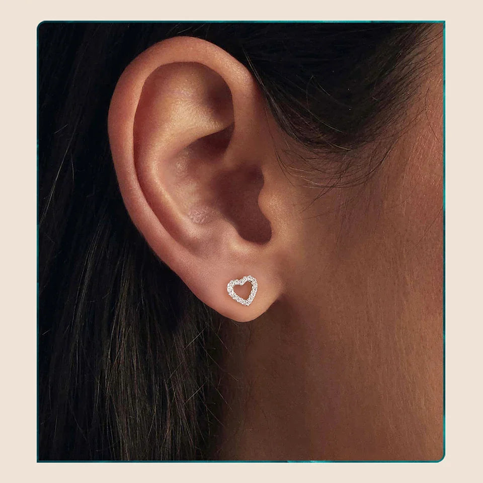 Hollowed Heart Moissanite Stud Earrings, Full Enternity Hypoallergenic Earrings D Color Round Cut Lab Diamond for Women