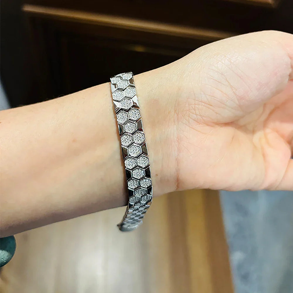 Original Honeycomb Moissanite Diamond Bracelets for Women Men 925 Sterling Silver Tennis Bracelet Wide Edge Bangles Wrist Chain