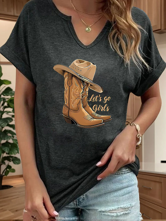 Let's Go Girls Cowboy Boots Letter Print Women T Shirt Short Roll-up Sleeve V-Neck Summer Casual Top T-shirts for Women