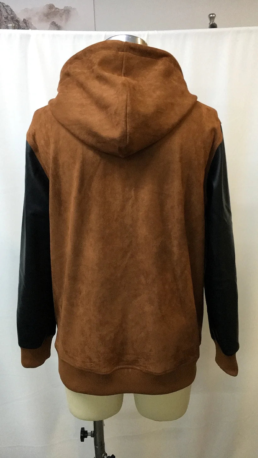 Mens Vintage Brown Hoodie Leather Trim Perforated Details Retro Streetwear Pullover Military Workwear Style Autumn Winter