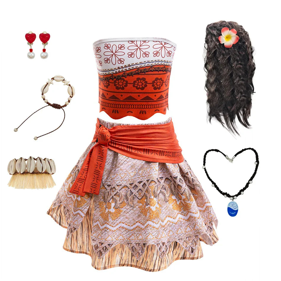 Moana Cosplay Dress For Girl New Little Girl Two Piece Suit Children Geometric Print Clothes Halloween Carnival Outfit Moana