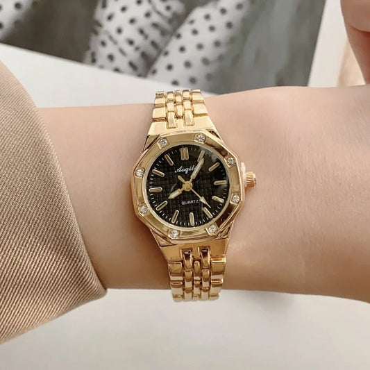 Women's Fashion Round Room Gold Steel Band Quartz Wristwatch Luxury Ladies Golden Watch for Women Clock Female Reloj