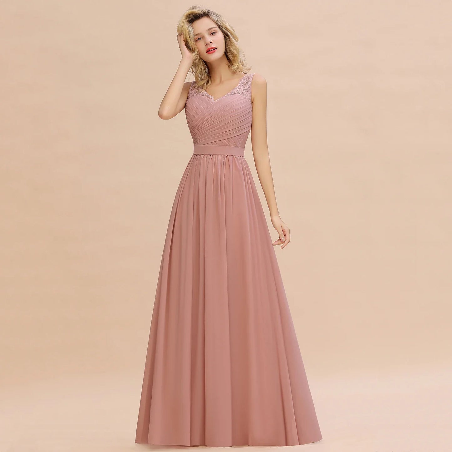 Elegant Bridesmaid Dress Pleated Bodice See-through Lace Cap Sleeves Maxi Flowy A-Line Skirt Wedding Party Gown Women