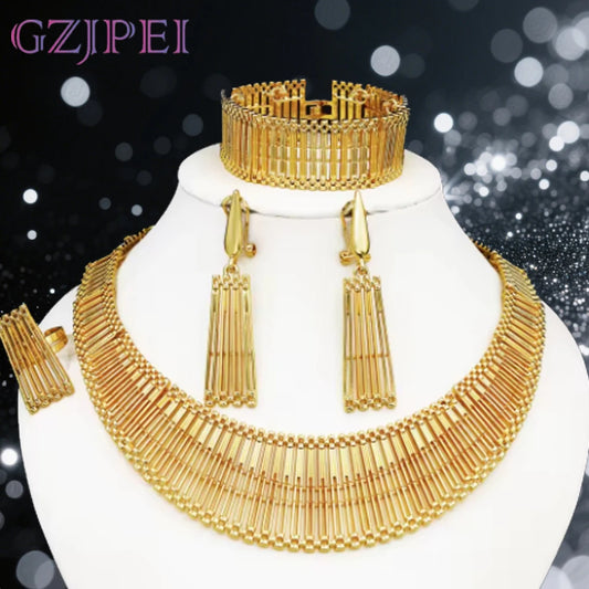 Luxury 18K Gold Plated Jewelry Set Italy Dubai Necklace Earrings Bracelet Ring For Women Mother's Day Gift 