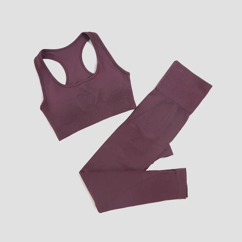 2/3Pcs Women Seamless Fitness Yoga Suit Workout Long Sleeve Crop Top Shirt Sports Bra High Waist Running Leggings Gym Clothing