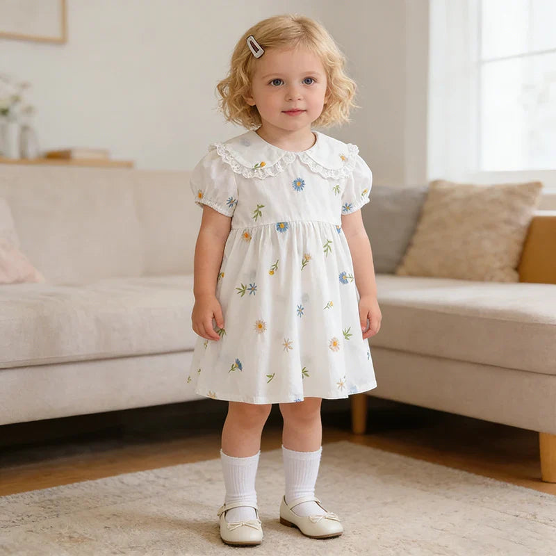 2026 Girls Dress Korean Edition Summer New 2-6Yrs Cotton Embroidered Flower Short Sleeve Girls' Dress Cute Dress