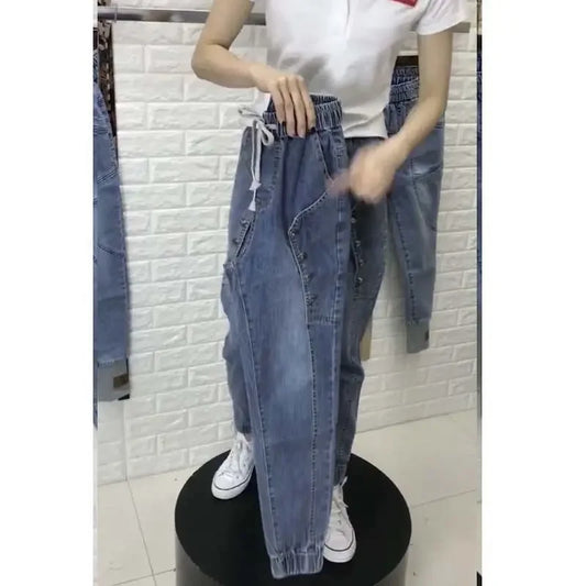 Woman Jeans Pants Elastic Waist Ankle-Tied Jeans
