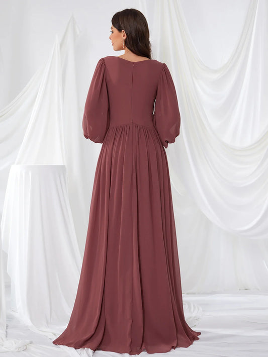Women's V-Neck Long Sleeve Chiffon Dress Split Bridal Maids Maxi Gown
