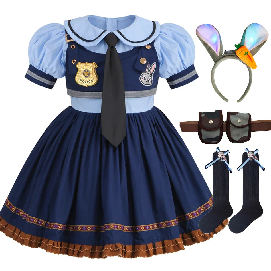 Judy Cosplay Costume Kids Carnival Party Dress Girls Tie Headdress Belt Socks Sets Police Role Play Movie Uniform Birthday Gift