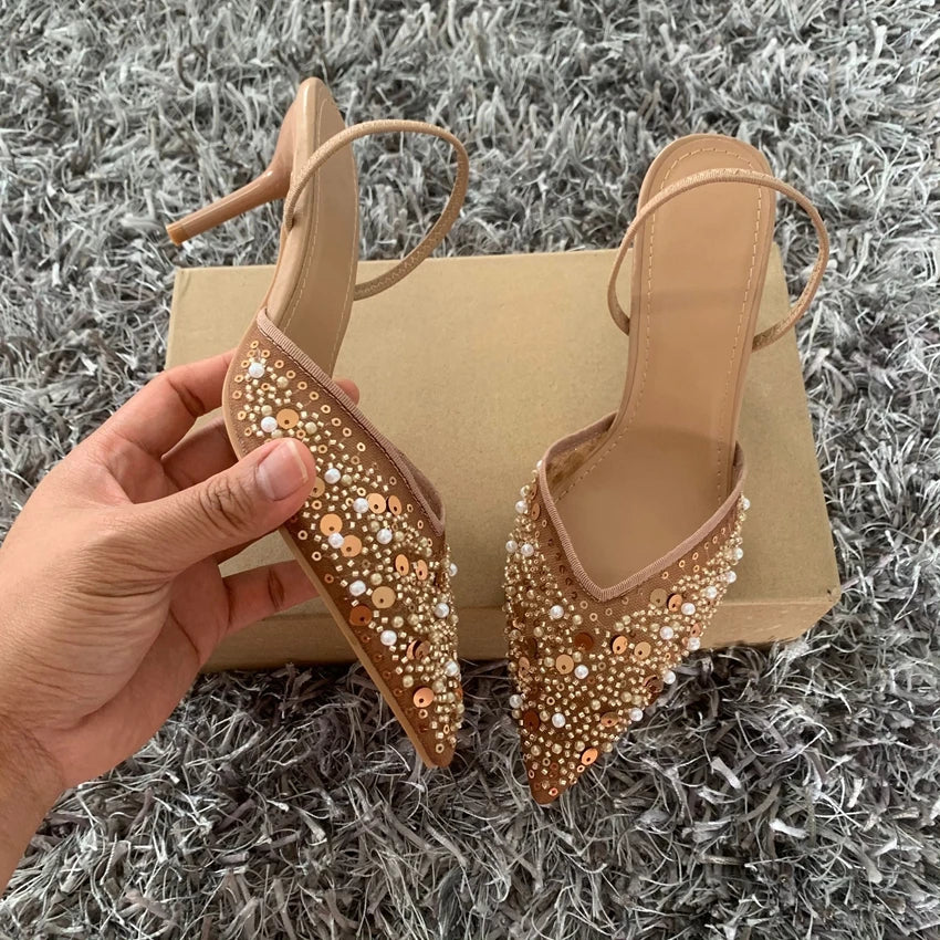 Fashion High Heeled Formal Party Shoes for Lady Luxury Sequin Pearl Stiletto Elengat Mesh Slingbacks Women Modern Sandals
