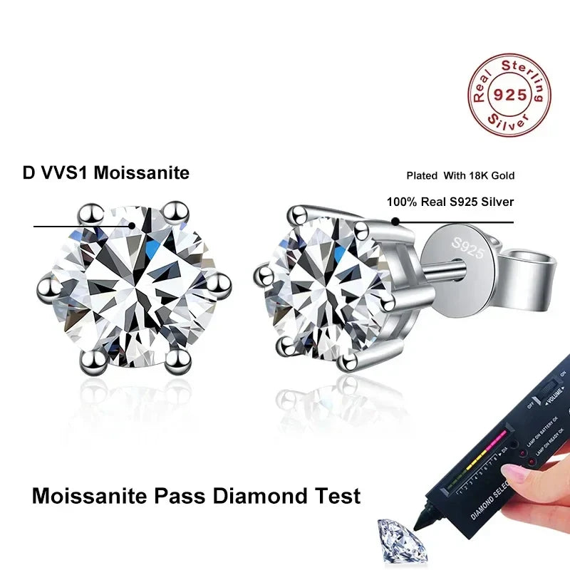 0.1-2 Carat D Color Moissanite Earrings For Women 925 Sterling Silver Ear Studs Sparkling Diamond Wedding Fine Jewelry
